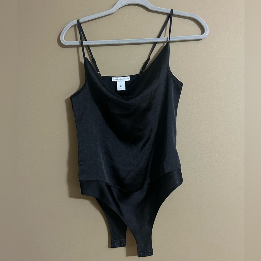 Sincerly Jules Black Satin Cowl Neck Bodysuit with Spaghetti Straps